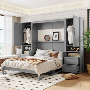 English Elm Queen Murphy Fold Down Wall Bed with Wardrobe Drawers and Shelves for Guest Rooms Gray LP000909AAE-2