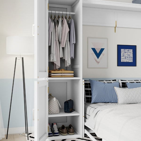 English Elm Queen Murphy Wall Bed with Integrated Desk Gas Strut Lift White Cabinet for Small Spaces W504S00271
