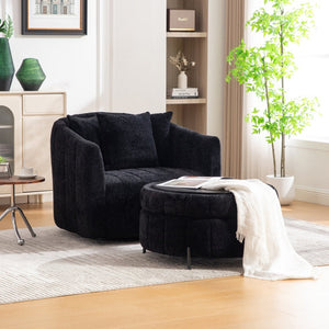 English Elm 39"w Swivel Barrel Club Chair with Channel Tufted Chenille and Round Storage Ottoman Set Black W3118S00050