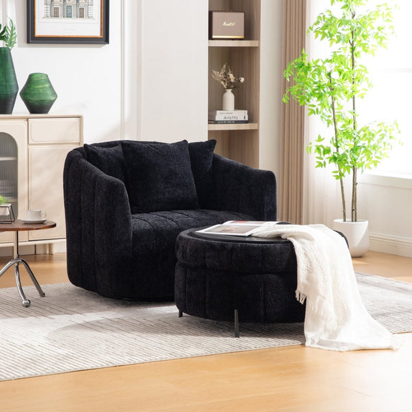 English Elm 39"w Swivel Barrel Club Chair with Channel Tufted Chenille and Round Storage Ottoman Set Black W3118S00050