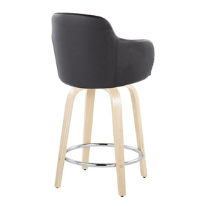 English Elm Boyne 24" Contemporary Fixed-Height Counter Stool with Swivel, Faux Leather Bucket Seat, Set of 2, Chrome Footrest Black B202S00007