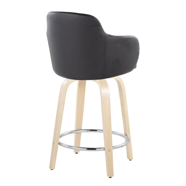 English Elm Boyne 24" Contemporary Fixed-Height Counter Stool with Swivel, Faux Leather Bucket Seat, Set of 2, Chrome Footrest Black B202S00007