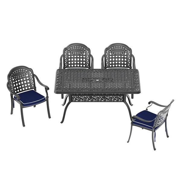 English Elm 5-Piece Cast Aluminum Patio Furniture Set With Plush Blue Cushions For Stylish Outdoor Living W1710S00194