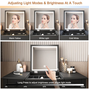 English Elm Multifunctional Vanity Desk with Flip-Top Mirror, 3-Level LED Lighting, Ample Storage for Small Spaces Black W760P152315