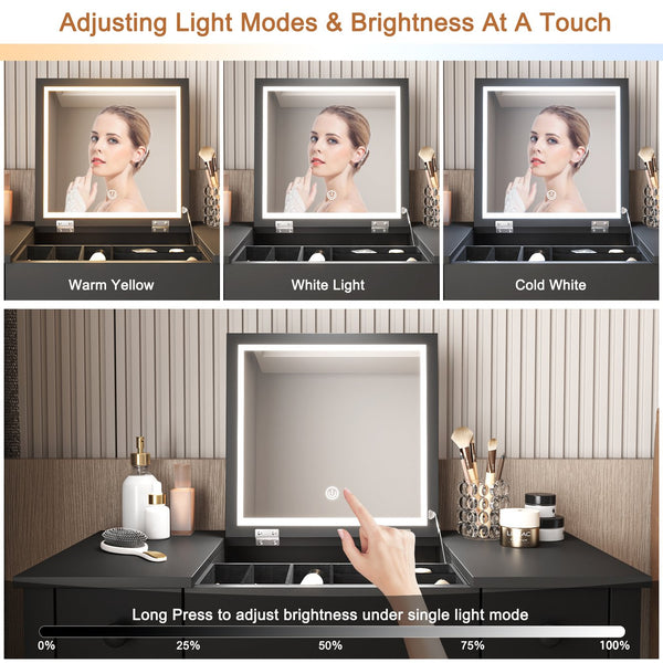English Elm Multifunctional Vanity Desk with Flip-Top Mirror, 3-Level LED Lighting, Ample Storage for Small Spaces Black W760P152315