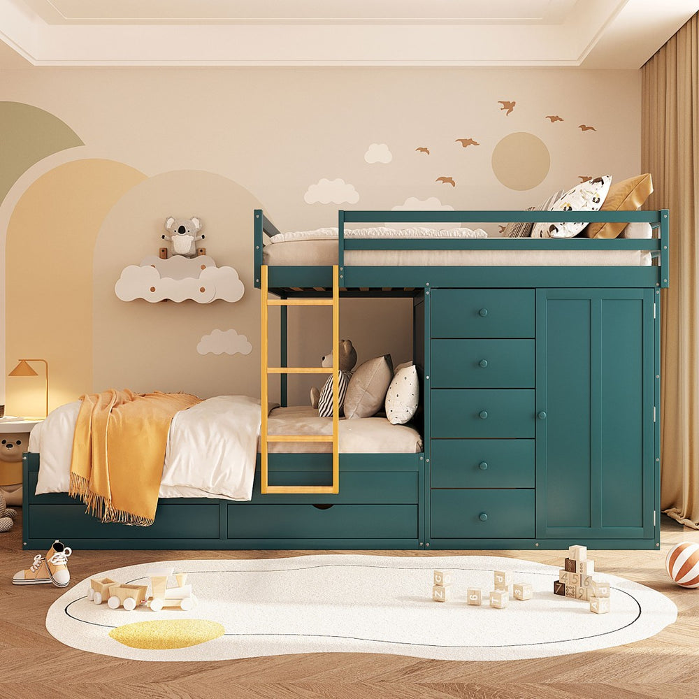 English Elm Full Size Bunk Bed with Integrated Drawers Wardrobe Mdf Solid Wood Kids Storage Green LT000463AAG