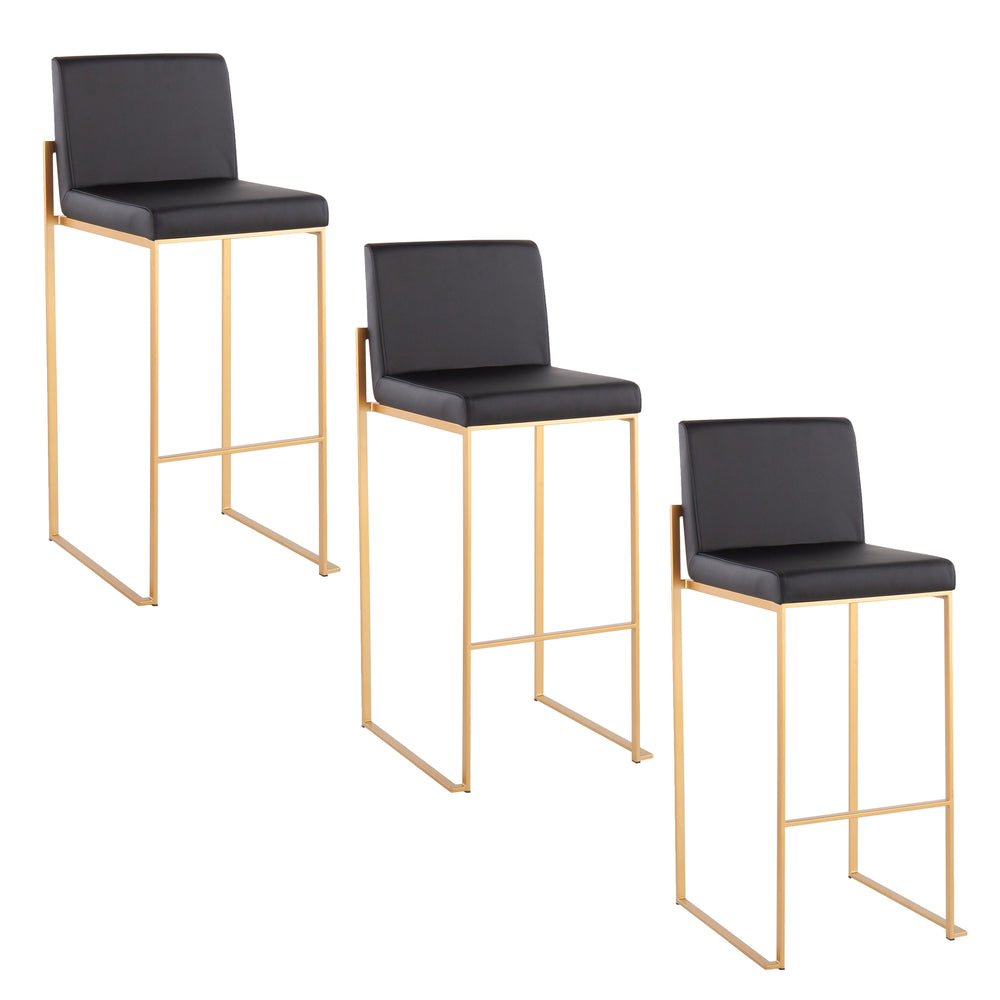 English Elm Fuji Set Of 3 Contemporary High Back Barstools In Luxurious Black Faux Leather & Gold Steel Frame B202P222201