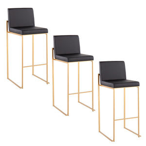 English Elm Fuji Set Of 3 Contemporary High Back Barstools In Luxurious Black Faux Leather & Gold Steel Frame B202P222201