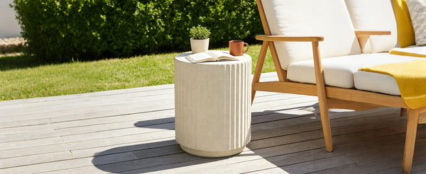 English Elm U_style Mgo Cylinder Accent Table Wave Ribbed Concrete Look Patio or Indoor Plant Stand Beige N711P422078A