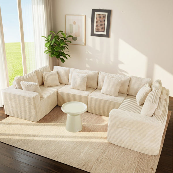 English Elm 135.5" Beige Corduroy U-shaped Sectional Six-seater with Reversible Chaise for Living Rooms W3276S00019