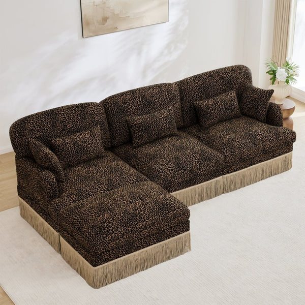 English Elm 100"comfy Chenille Leopard Print Sectional Sofa with Tassel Trim and Movable Ottoman Brown W5656S00014
