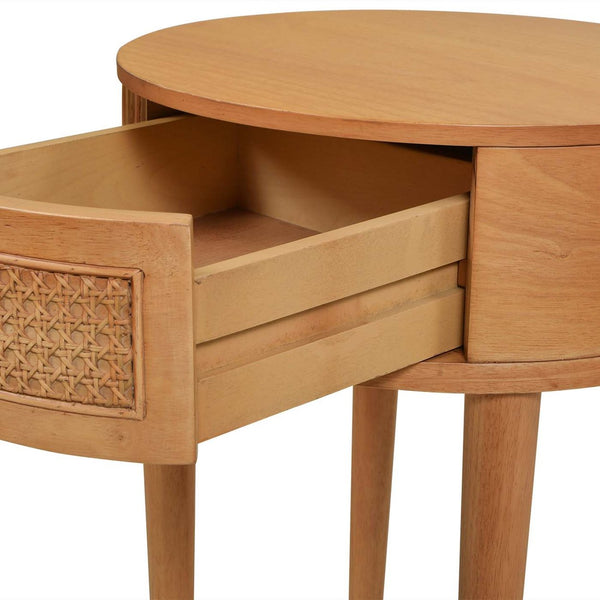 English Elm Jennifer Taylor Home - Cabana Natural Brown Oak 18" Round Cane Rattan Storage Side Table with Drawer & Wood Finish B2719P238487