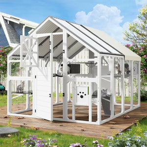 English Elm Large Walk-in Pine Wood Catio Enclosure with Platforms Resting Boxes and Planter Grey,White N704G201618K