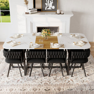 English Elm 9-piece Square Dining Set Velvet Upholstered Chairs Two-tone Tabletop Seats 8 Black,White,Wood W3875S00150