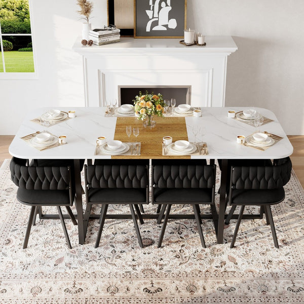 English Elm 9-piece Square Dining Set Velvet Upholstered Chairs Two-tone Tabletop Seats 8 Black,White,Wood W3875S00150