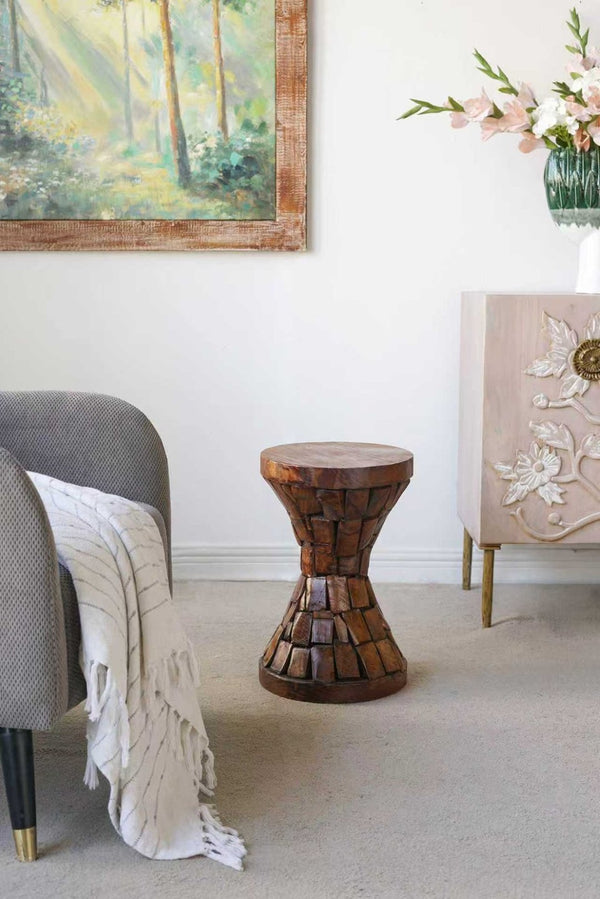English Elm 11.8x11.8x18.1" Paulownia Wood Sculptural Side Table with Mosaic Hourglass Base W2078P461604