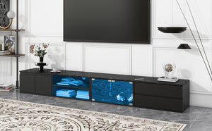 English Elm ON-TREND Modern APP-Controlled LED TV Stand for TVs up to 105" with Faux Marble Top, Tempered Glass Doors, Ample Storage, Cable Management, and High Load Capacity for Living Room Entertainment Center Black N721P171537B