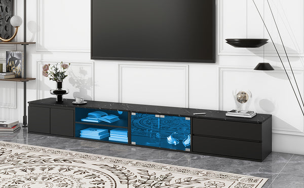 English Elm ON-TREND Modern APP-Controlled LED TV Stand for TVs up to 105" with Faux Marble Top, Tempered Glass Doors, Ample Storage, Cable Management, and High Load Capacity for Living Room Entertainment Center Black N721P171537B