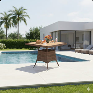 English Elm 1-piece Square Acacia Wood Top Hand-woven Pe Rattan Outdoor Patio Dining Table Brown B082P455162