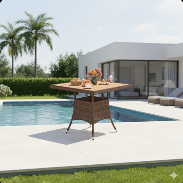 English Elm 1-piece Square Acacia Wood Top Hand-woven Pe Rattan Outdoor Patio Dining Table Brown B082P455162