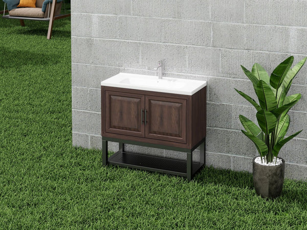 English Elm 36" Freestanding Bathroom Vanity with White Ceramic Sink, Adjustable Feet, Metal Hinges, Shelf Walnut W688P224383