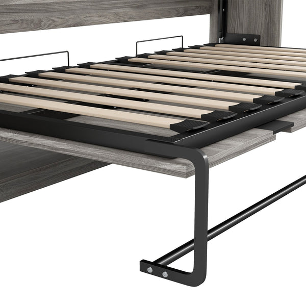 English Elm Twin Murphy Bed with Drawers & LED Light — Space-Saving Gray Cabinet Bed, Solid MDF/Pine, 800lb Capacity N709P002049D