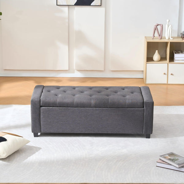 English Elm 48" Tufted Faux Linen Storage Bench with Arms Lift Top Ottoman for Bedroom Entryway Grey W3523P387534