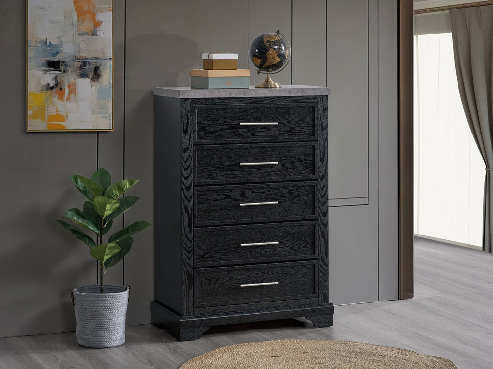 English Elm Grande Modern 5-drawer Chest with Faux Granite Top and Brushed Chrome Hardware B078P497909