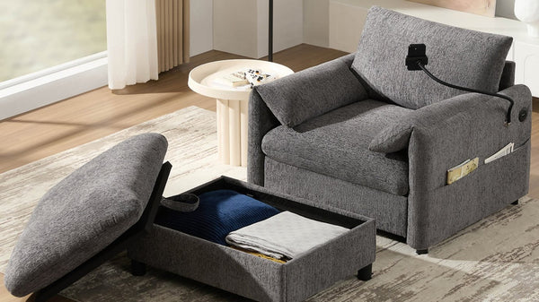 English Elm 37" Oversized Chenille Armchair with Ottoman Usb Charging Pocket Spring Living Room Gray N723P387145E