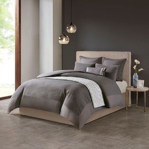 JLA Home N Natori - Cotton Yarn-Dyed 3-Piece Duvet Cover Set with Textured Cottage Appeal, Button Closure & Ties Grey NS12-3251