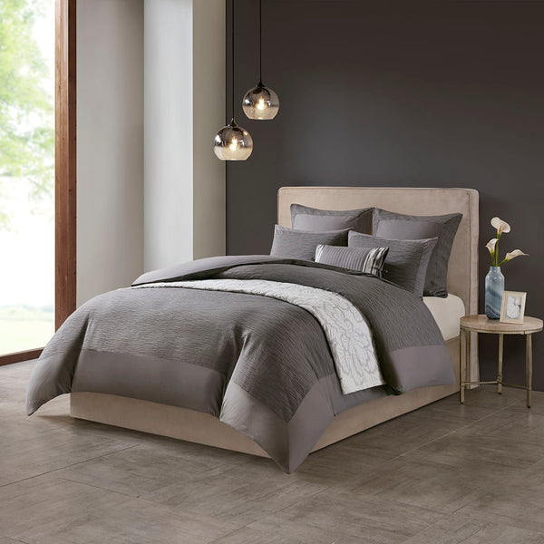 JLA Home N Natori - Cotton Yarn-Dyed 3-Piece Duvet Cover Set with Textured Cottage Appeal, Button Closure & Ties Grey NS12-3251