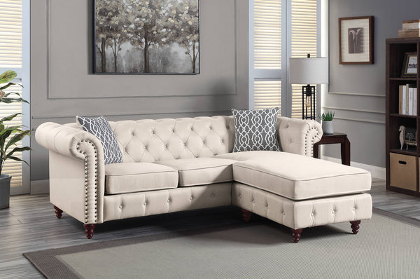 English Elm Waldina Reversible Fabric Sectional Sofa with Pocket Coil Seating, Button Tufting & Nailhead Trim Beige 84 L x 33 W x 26 H B2726P265297