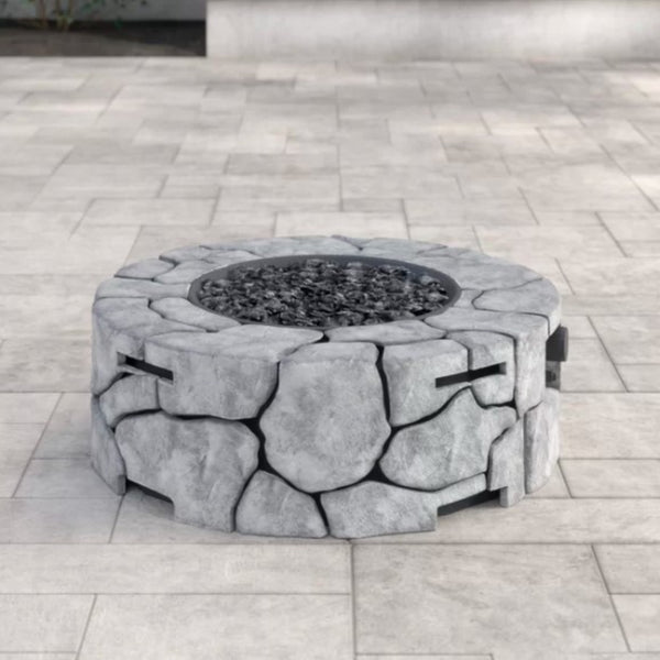 English Elm 9'' Fiber Reinforced Concrete Outdoor Fire Pit, 40,000 BTU Propane, 28" W Rustic Stone Look, Cover Included B120P198408