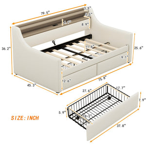 English Elm Twin Size Daybed With Storage Drawers, Led Lights & Charging Station – Stylish Beige Upholstered Design W1580S00022-GIGA