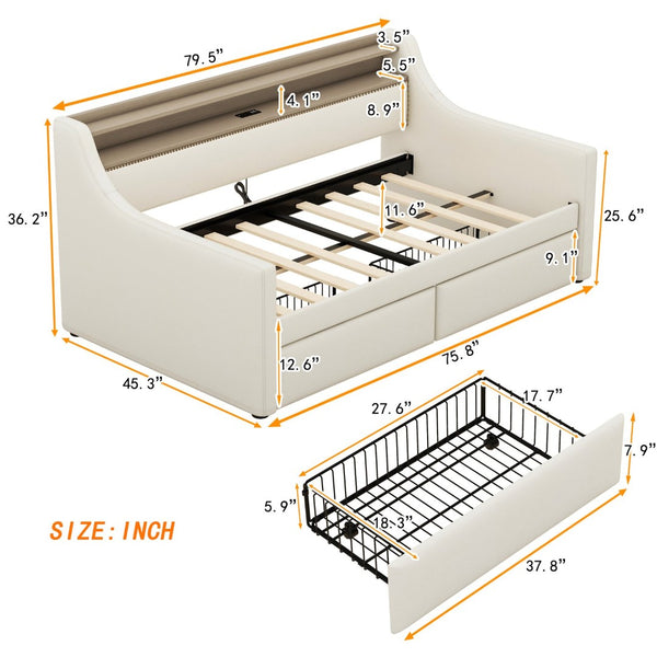 English Elm Twin Size Daybed With Storage Drawers, Led Lights & Charging Station – Stylish Beige Upholstered Design W1580S00022-GIGA