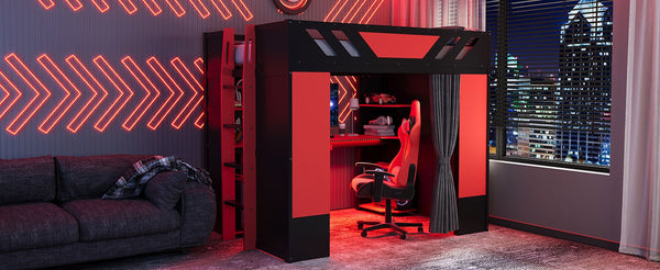 English Elm Full Size Loft Bed with Desk Blackout Curtains Rgb Lighting and Integrated Storage Black+Red LT000377AAJ