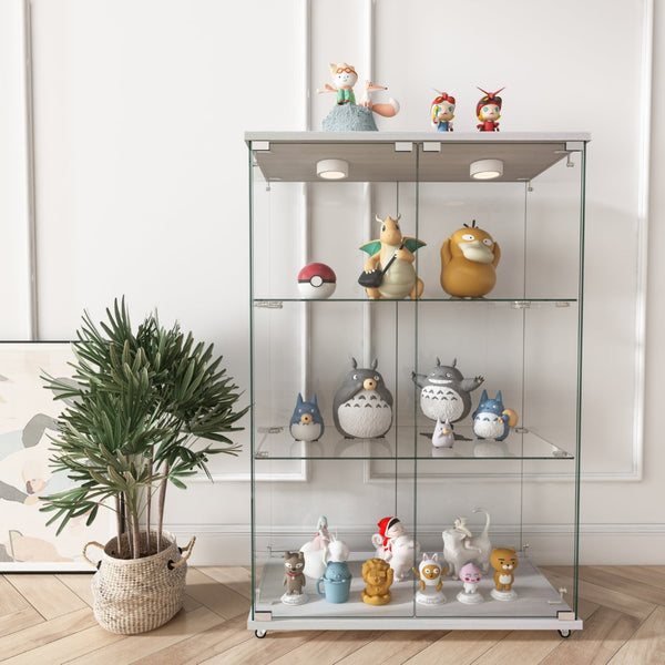 English Elm Modern Tempered Glass Display Cabinet with Led Lighting 3 Shelf 2 Door Living Room W241P400849