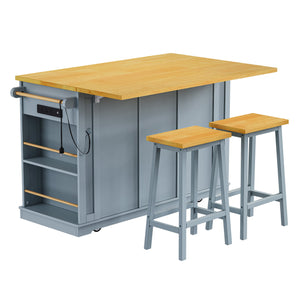English Elm K&K 53" Large Kitchen Island with 2 Stools, Built-In Power Station, Wheels, Drop Leaf & Ample Storage Grey-Blue N707S000007G