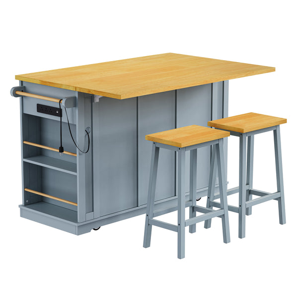 English Elm K&K 53" Large Kitchen Island with 2 Stools, Built-In Power Station, Wheels, Drop Leaf & Ample Storage Grey-Blue N707S000007G