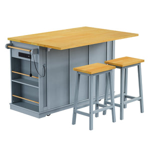 English Elm K&k 53 Inch Kitchen Island Set with Bar Stools Power Outlet Drop Leaf and Storage Grey-Blue N707S003007G