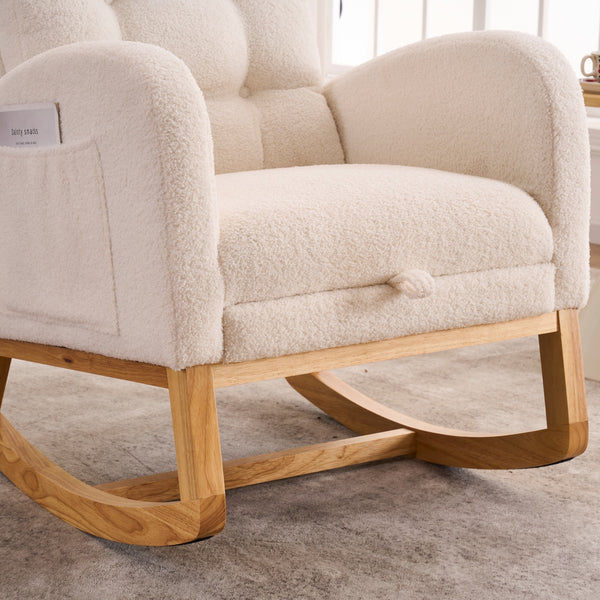 English Elm LY-5104 Plush High-Back Rocking Chair with Footrest & Storage Pocket, Ergonomic Foam Cushion for Nursery Beige+White W2231P292976