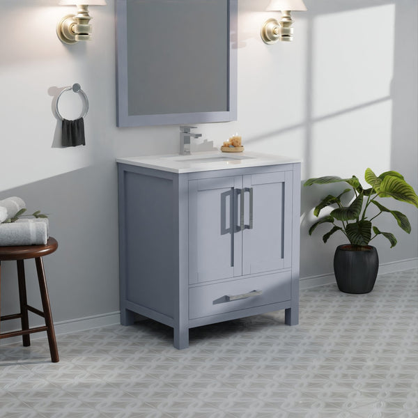 English Elm Dark Grey 30 in Bath Vanity with White Quartz Top, Soft-Close Drawers, Mirror Included, Durable Finish B2731S00674
