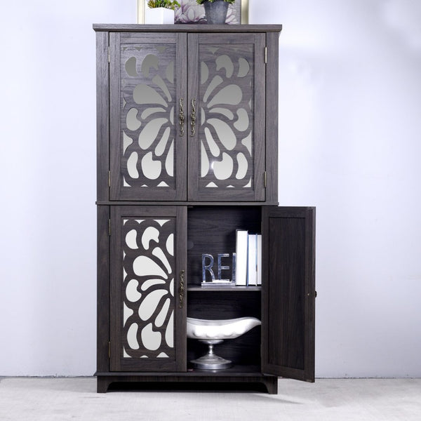 English Elm 67.4"h Mirrored Corner Cabinet Carved Butterfly Doors Adjustable Shelves Entryway Storage Dark Brown W2899P374347