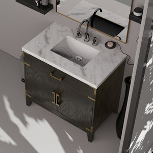 English Elm Black Oak Single Bath Vanity Set With Carrara Marble Top, 34" Mirror & Chrome Faucet For Elegant Style B2731S02219