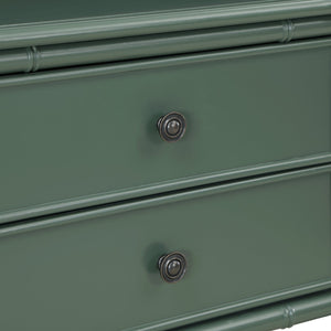 English Elm Emmett carved bamboo nightstand with 2 full‑extension drawers, brass knobs and floor‑protecting glides Antique Green B050P376942