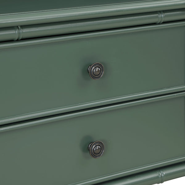 English Elm Emmett carved bamboo nightstand with 2 full‑extension drawers, brass knobs and floor‑protecting glides Antique Green B050P376942