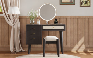 English Elm 39" Retro Bohemian Makeup Vanity Set with Rattan Drawers, USB Charging Port, Cushioned Stool, 4-Drawer Storage Black 44.1 L x 18.75 W x 10.5 H N733P180011B