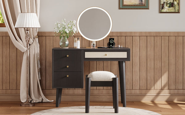 English Elm 39" Retro Bohemian Makeup Vanity Set with Rattan Drawers, USB Charging Port, Cushioned Stool, 4-Drawer Storage Black 44.1 L x 18.75 W x 10.5 H N733P180011B