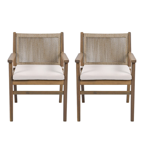 English Elm Christopher Knight Home® - Outdoor Acacia Wood Dining Chairs Set of 2 with Woven Rope Back, Waterproof Cushions, 400lb Capacity Light Brown N779P224995B