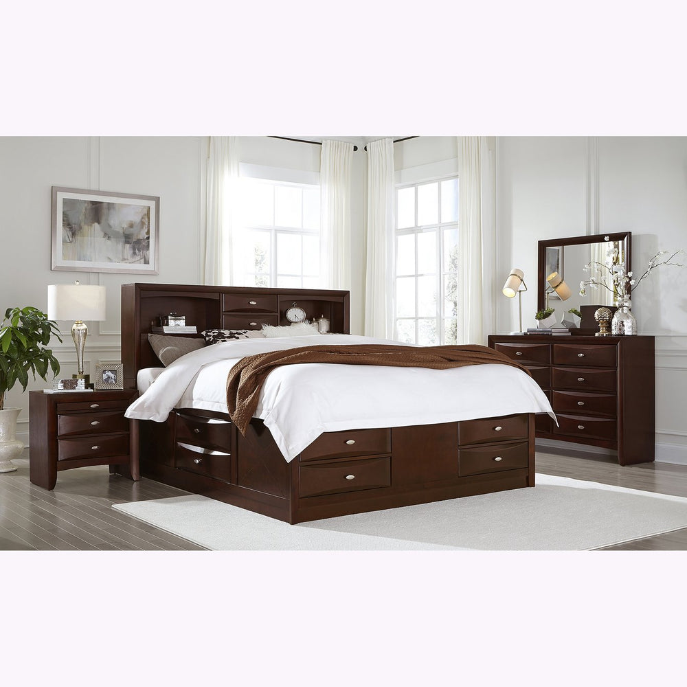 English Elm LUCILLE Solid Wood 5PC Full Bedroom Set with Bookcase Headboard, 6 Storage Drawers, Slatted Base Walnut 82.99 L x 24.09 W x 6.02 H B201S00275